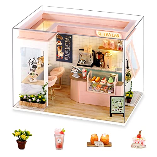 Cuteefun DIY Miniature Dolls House Kit for Adults to Build DIY Mini House Kit with Furniture DIY Miniature House Kit with Tools Make Your Own Craft House Model Father's Day(Tea Lab)