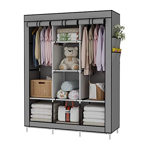UDEAR Portable Wardrobe Closet Clothes Organizer Non-Woven Fabric Cover with 6 Storage Shelves, 2 Hanging Sections and 4 Side Pockets，Grey - Grey