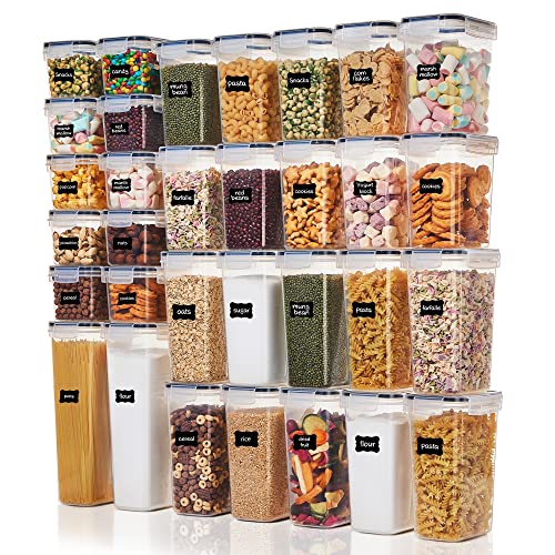 Vtopmart 32pcs Food Storage Container Set, Kitchen & Pantry Organizers and Storage, BPA-Free Plastic Airtight Food Storage Container with Lids for Cereal, Flour and Sugar, Includes 32 Labels