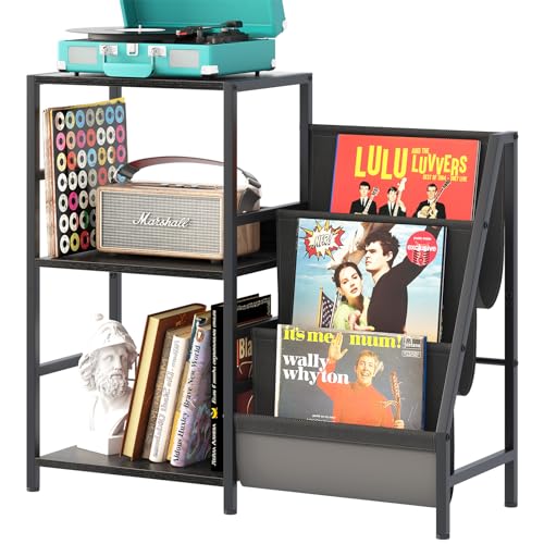 Arbuxzuy Record Player Stand, Turntable Stand with Vinyl Record Storage, 3 Tier End Table Table with Display Shelf Storage Up to 200 Albums, Vinyl Record Holder Cabinet for Living Room (Black) - Black