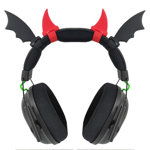 Halloween Black Bat Wings + Red Devil Horns Headphone Attachment, Bat Devil Horns Headband Headset Decor, Cosplay Props Bat Wing for Halloween Christmas Party Dress Up Accessories - Bat wings -Black,Devil horn-Red