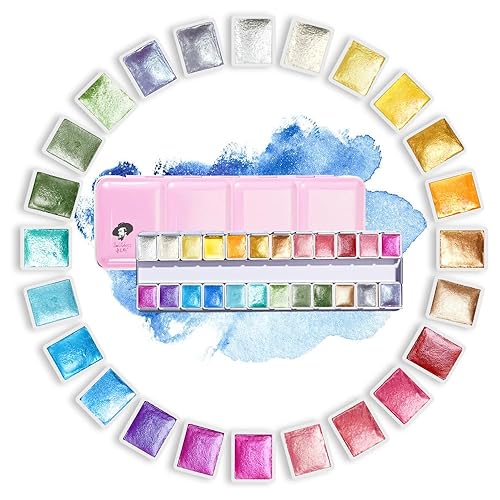 Paul Rubens Artist Watercolor Paints-Metallic Glitter Solid Colors-Pink Portable Metal Case with Palette-24 Color Set Sparkle Watercolor - Paints-Glitter 24 Colors