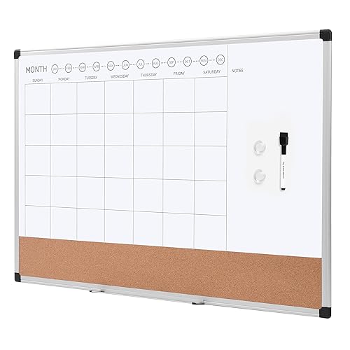 Amazon Basics 24" x 36" Monthly Whiteboard Calendar with Cork Board, Wall Mounted, Easy to Install, Silver Aluminum Frame - White - 24" x 36"