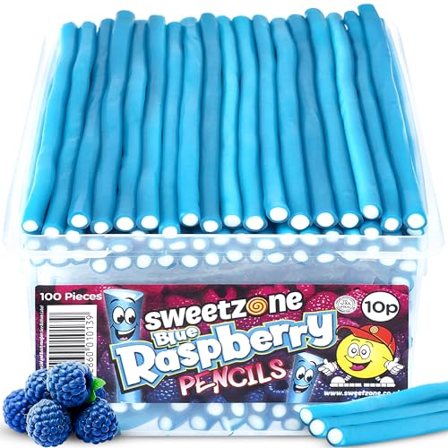 Sweetzone Blue Raspberry Pencils Sweets Tub, Pencil Sweets, 100 pc, Halal Sweets, American Gum, British Sweets, Licorice Sweet, Liquorice, Irresistible for Candy Lovers - Blue Raspberries