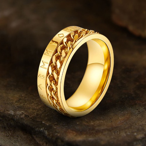 Viking Runes Stainless Steel Chain Spinner Ring - Gold / 9