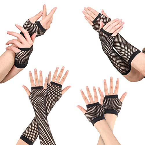 Dacitiery 4 Paar Netzhandschuhe Damen Lang und Kurz Fischnetz Handschuhe Schwarz Fingerlose Fischnetz Handschuhe Netz Mesh Abendhandschuhe für 80er Jahre Verkleidung Kostüm Party Lieferungen