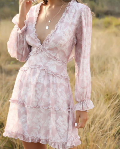 Flowy V-Neck Chiffon Ruffle Dress - Pink / S