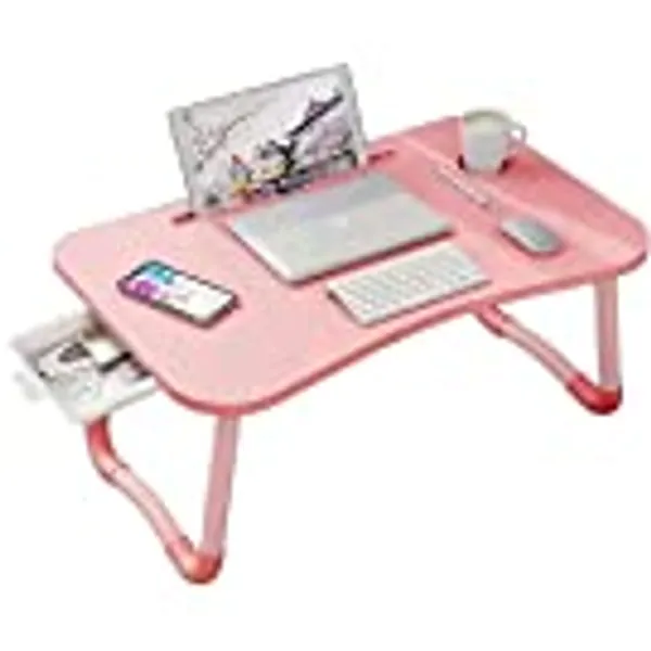 Laptop Desk Foldable Bed Table, Portable Lap Desk Laptop Bed Tray Table with Storage Drawer and Cup Holder, Lap Tray Table Notebook Stand Reading Desk Breakfast Tray for Bed Couch Sofa Floor – Pink