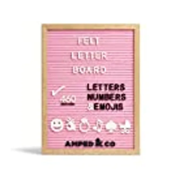 Premium Felt Letter Board, 460 Letters and Oversized Emojis, Wall Hanging Message Board, Oak Wood Frame, PreCut Letters in 3 Canvas Bags, Large 16x12 (Pink Felt Board, 460 White and Black Letters)
