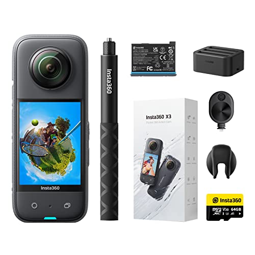 Insta360 X3 Ultimate Kit - Waterproof 360 Action Camera with 1/2" 48MP Sensors, 5.7K 360 Active HDR Video, 72MP 360 Photo, 4K Single-Lens, 60fps Me Mode, Stabilization, 2.29" Touchscreen, AI Editing - Ultimate Kit