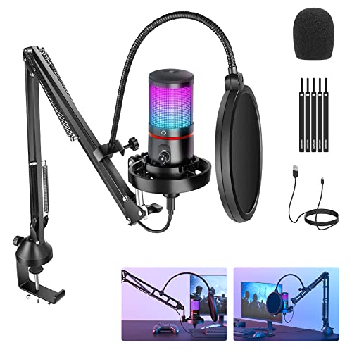 Neewer USB Gaming Microphone Kit with RGB Light Effect, Plug&Play One Click Mute&Gain, Cardioid Condenser Mic PC Mac, Upgraded Boom Arm Shock Mount for Streaming Twitch Online Chat, CM25