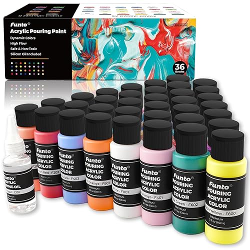 Funto Acrylic Pouring Paint, Set of 36, 2oz Bottles, with Silicone Oil, Assorted Colors, High Flow Liquid Acrylic Paint, Pre-Mixed, Art Supplies for Pouring on Canvas, Glass, Wood, Tile, Rocks