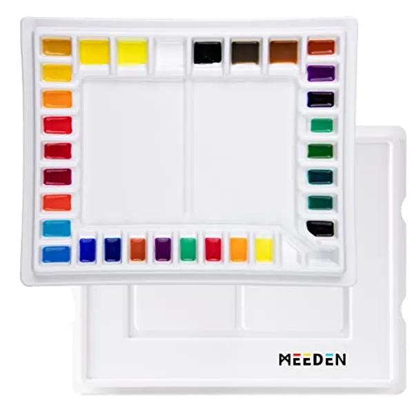MEEDEN 33-Well Porcelain Painting Palette with Plastic Cover, Ceramic Palette with Lid for Watercolor, Acrylic, Other Water Based Paint, 13.5 x 10.8 Inch, Watercolor Mixing Tray for Expert Painter