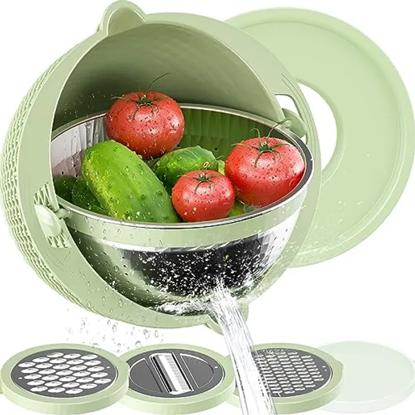 4-1 Colander with Mixing Bowl Set - Strainers for Kitchen, Food Strainers and Colanders, Pasta Strainer, Rice Strainer, Fruit Cleaner, Veggie Wash, Salad Spinner, Apartment & Home Essentials - Green