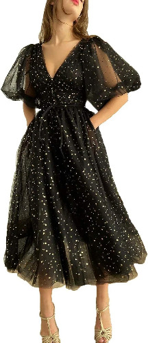 Xijun Women's Sparkle Starry Tulle Puffy Sleeve Prom Dresses Formal Evening Gowns with Split - Balck-tea Length Style 14