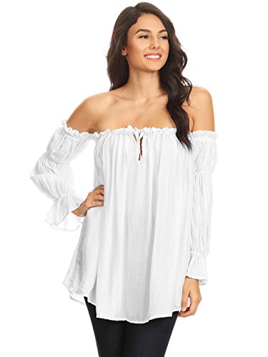 Anna-Kaci Womens Semi Sheer Boho Peasant Long Sleeve Off The Shoulder Top - XX-Large - White