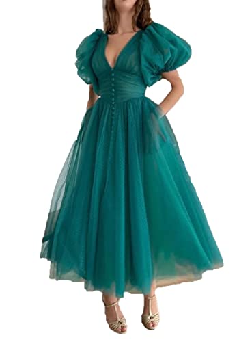 Xijun Puffy Sleeve Prom Dresses for Women Dotted Tulle V Neck Formal Evening Party Gowns Tea Length - Teal Green - 14