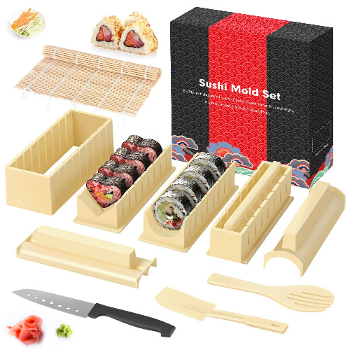SKYSER Sushi Maker Kit All In One Sushi Set 12 Pieces Complete Sushi Making Tool with 8 Different Shapes of Sushi Rice Roll Mould DIY House Sushi Tool Off（Weiß） - Weiß