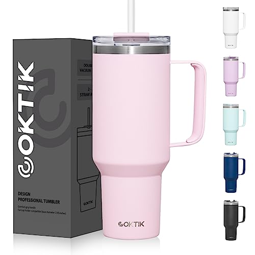 COKTIK 40 oz Tumbler With Handle and Straw Lid, 2-in-1 Lid (Straw/Flip), Vacuum Insulated Travel Mug Stainless Steel Tumbler for Hot and Cold Beverages,Easy to Clean (Blush) - Blush