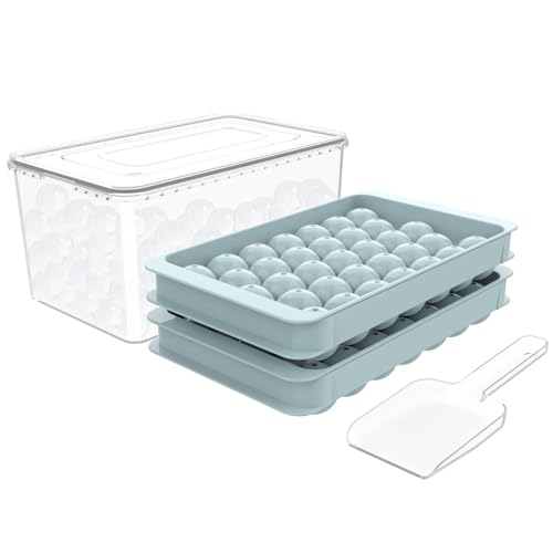 WIBIMEN Ice Cube Tray for Freezer with Lid & Bin, 0.8"x66 Round Ice Cube Mold with Container, Small Circle Ice Cube Tray Making Sphere Ice Chilling Cocktail Tea Coffee (2 Trays 1 Ice Bucket & Scoop) - Blue - 0.8"-2PACK