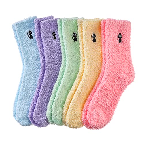 MQELONG Womens Super Soft Fuzzy Cozy Home Sleeping Socks Microfiber Winter Warm Slipper Socks - One Size - 5 Pairs Cat