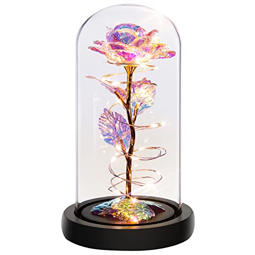 Childom Valentines Day Gifts for Her,Birthday Gifts for Women,Artificial Preserved Flowers,Valentines Gifts for Mom Wife Girlfriend Grandma,Valentines Colorful Rainbow Light Up Rose in A Glass Dome - Multicolor