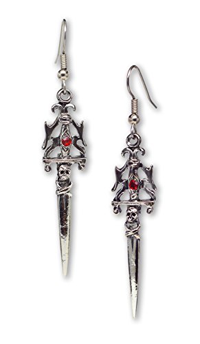 Gothic Skull Dagger Medieval Renaissance Dangle Earrings with Red Austrian Crystals