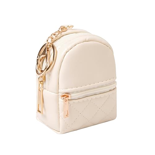 Mini Backpack Cute Cosmetic Bag for Women, Creative Cute Pendant Keychain Key-chains Keyrings PU Leather Makeup Bag Key Pocket Lipstick Bag Card Holder Data Cable Organizer Zipper Pouch (Beige) - Beige