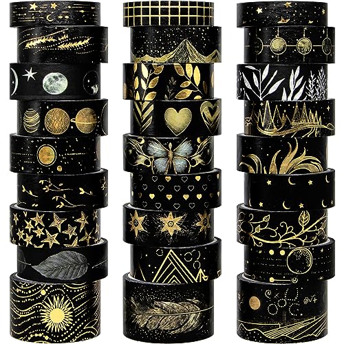 NANYNNU Black Washi Tape Set, 27 Rolls Black Gold Foil Decorative Masking Tape for Bullet Journaling, Scrapbooking Supplies, Watercolor Painting