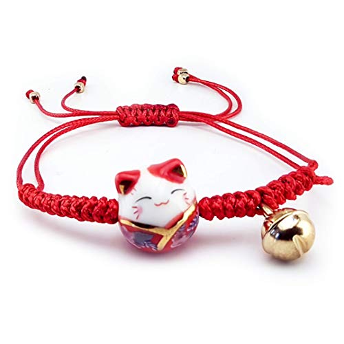 Omky Lucky Cat Maneki Neko Bracelet Adjustable | 6 Colors | Ceramic Bead - Red