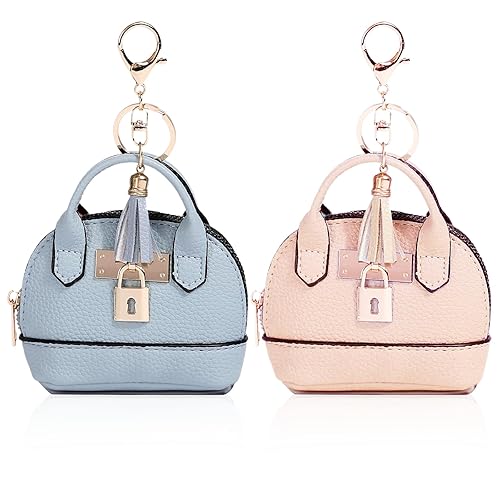 YJUBAOA 2 PCS Cute Mini Tote Bag Keychain for Women PU Leather Mini Backpack Purse Keychain Little Cosmetic Bag Key Lipstick Card Data Cable Organizer - Pink + Blue - Handbag