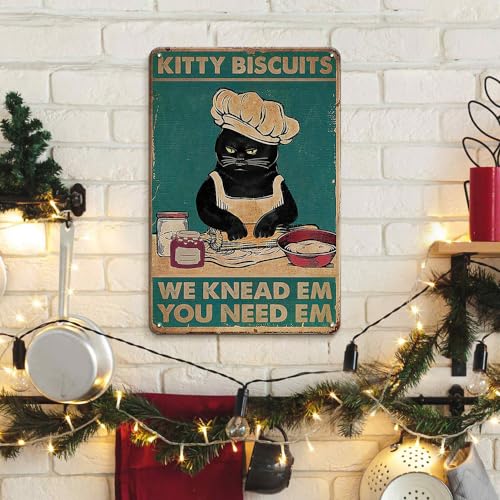 Black Cat Decor Vintage Kitchen Decor Cat Poster Metal Tin Sign - Kitty Biscuits We Knead Em You Need Em Funny Kitchen Signs - Cat Kitchen Wall Art Metal Sign Cat Home Decor for Kitchen Restaurant Bakery, 12x8 Inches Retro Tin Sign Cat Gifts for Women Cat Lover - Kitty Biscuits We Knead Em You Need Em