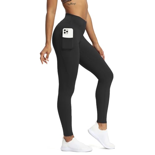 Aoxjox Trinity High Waisted Yoga Pants with Pockets for Women Tummy Control Cross-Waist Crossover Workout Leggings - A Black (V-waistband)