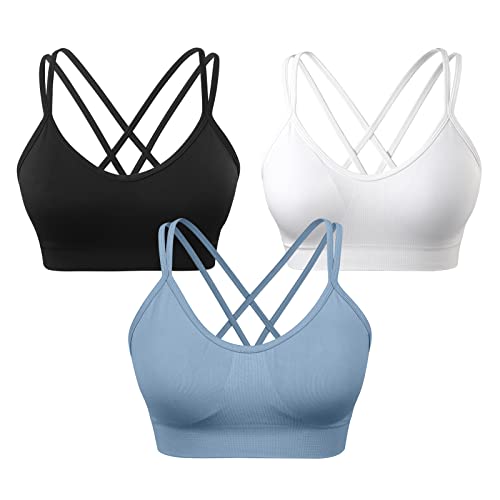 VEQKING Women's Cross Back Sports Bra Padded Strappy Medium Support Yoga Bra for Workout Fitness 3 Pack - Medium - 3pack(black+white+blue)
