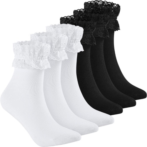 6 Pairs Ruffle Ankle Socks Lace Frilly Socks Fashion Women Girls Princess Socks - Black, White