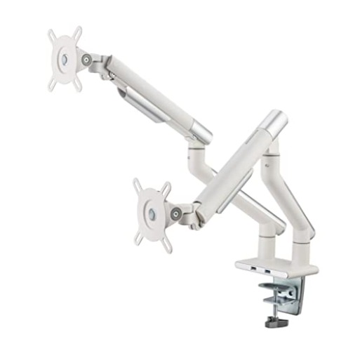 POUT E12 Dual Monitor Arm Mount Stand for Desk- Adjustable Full Motion Tilt/Swivel/Rotate 4-20lbs Capacity 75x75mm 100x100mm VESA 17"-32" Display Each - Extends 19" Forward & 17" High (White/Silver) - White/Silver