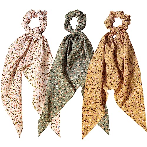3pcs Women Ribbon Scrunchies Bow Knotted Classic Floral Pattern Hair Ties Vintage Bunny Ear Ponytail Holders Hair Accessories - Rose Pattern