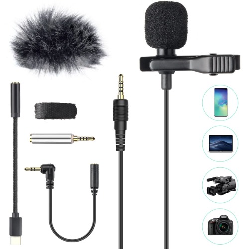 AGPTEK Microphone PC 3.5mm Jack Audio avec Clip et Fourrure Pare-brise, 2m Mini Micro Cravate Interview Condensateur Omnidirectionnel avec 2 Adaptateur et Adapter USB type-C pour Skype,iPhone,Android