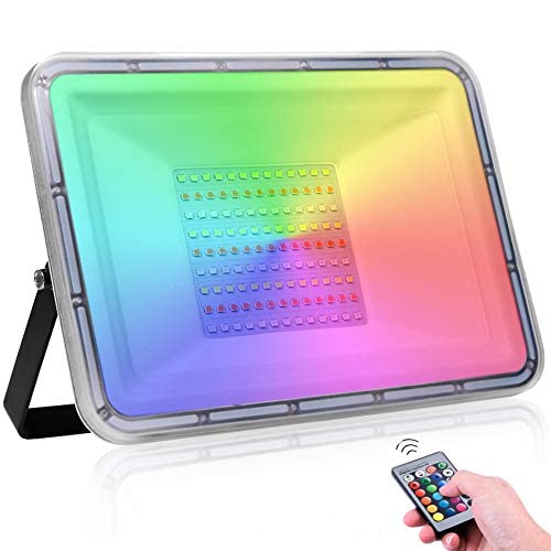 NIKEEYEN 100W RGB Projecteur Imperméable IP67 Projecteur LED Extérieur avec télécommande 16 couleurs 4 modes Spot LED Extérieur pour Jardin Party Halloween (Pas de Mémoire Fonction) - 100W
