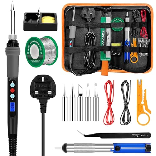 Soldering Iron Kit 90W LCD Adjustable Temperature 180-480°C, 16 in 1 Electric Welding Tools, Solder Wire, 5 Soldering Tips, Desoldering Pump, Wire Stripper Cutter, Stand, Tweezers, Tool Case - 90W Soldering Iron Kit
