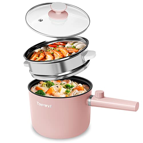 Topwit Hot Pot Electric with Steamer, 1.5L Ramen Cooker, Non-Stick Frying Pan, Electric Pot for Pasta, BPA Free, Electric Cooker with Dual Power Control, Over-Heating & Boil Dry Protection, Pink - 1.5L(With Steamer) - Pink 1