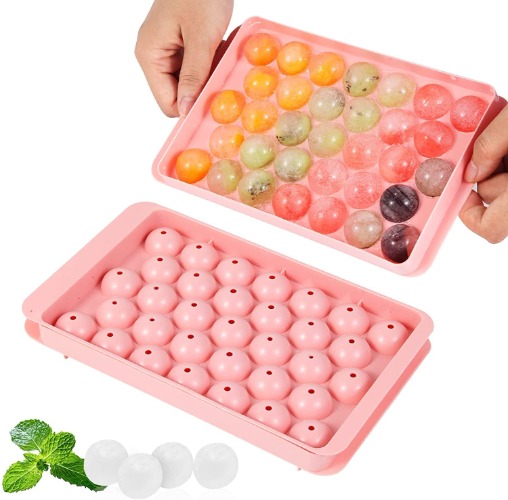 Ice Cube Trays, Ice Maker, Round Ice Cube Tray, Ice Ball Maker for Chilling Cocktail Whiskey Mojito Beer, Ice Cube Tray with Lid, Circle Ice Tray Round Ice Ball Maker Mold for Freezer, Pink 33 Balls