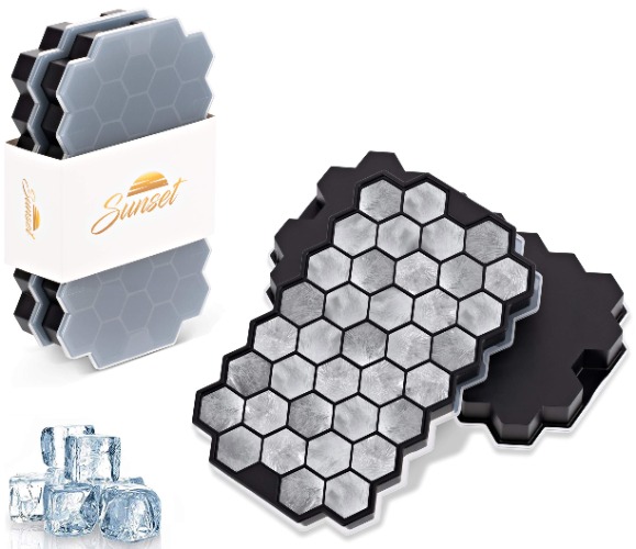Sunset Silicone Ice Cube Trays - Pack of 2 Hexagon Ice Cube Molds with Lids | 74 Flexible Ice Moulds for Whiskey, Cocktails & More | Reusable and BPA Free (2 Sets + Lid) | Aussie Seller
