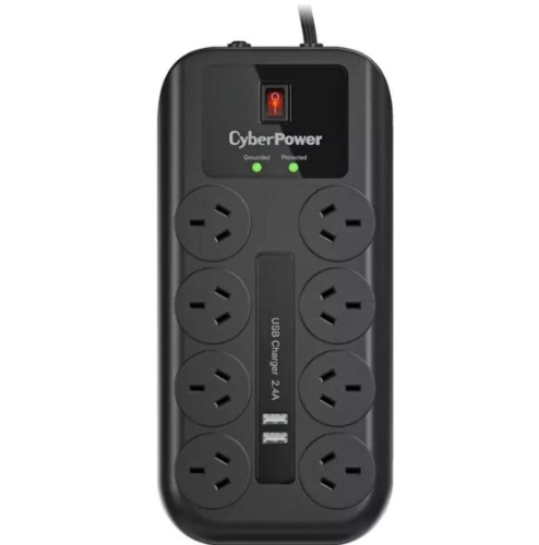 CyberPower 8 Outlet Power board with 2 USB charge port, Surge and Overload Protection, EMI and RFI Filtration, 2m Cable, On/Off switch and LED indicator, 2m lead for Home and Home Office