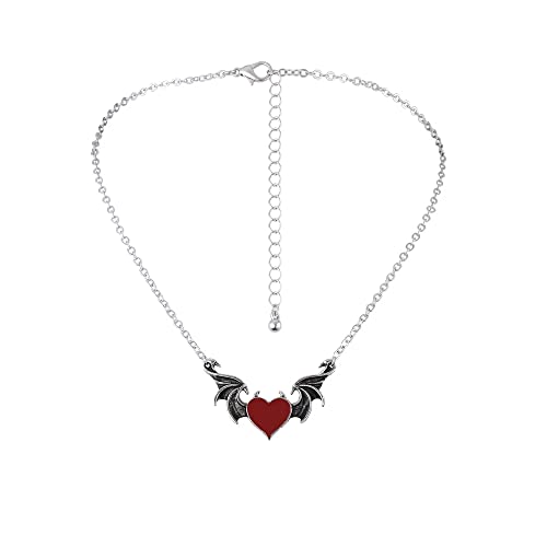 KURTCB Gothic Heart Wing Necklace Demon Horn Black Kpop Punk Vintage EMO Pendant Chain Necklace for Women Girls… - Red