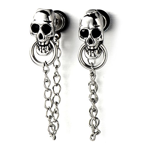 Mens Women Skull Chain Stud Earrings Drop Dangle, Stainless Steel, Screw Back, 2 Pcs - A-Metal Color: Silver & Black