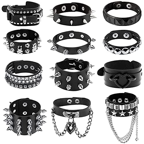 NEWITIN 12 Pieces PU Leather Bracelet Punk Bracelet Adjustable Goth Cuff Bracelet Gothic Rivet Buckle Wristband for Men Women - Black A