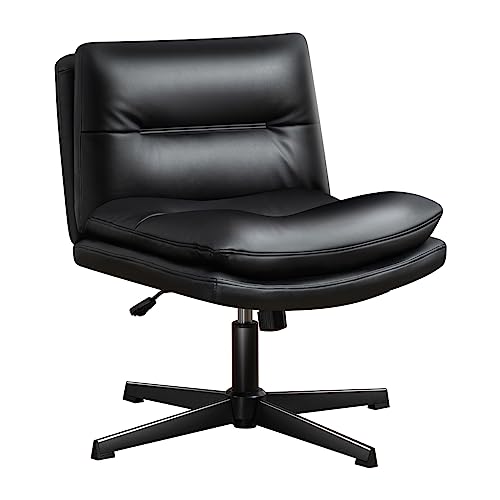 Darkecho Office Chair Armless Desk Chair No Wheels,Thick Padded Leather Home Office Chairs, Adjustable Swivel Rocking Vanity Chair, Wide Task Computer Chair for Office,Home,Bedroom Black - Black