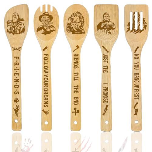 Horror Movie Merchandise Gift Wooden Spoons for Cooking, Bamboo Kitchen Utensils Set 5 Pack for Movie Character Carving Birthday Gifts Scary Decorations Kitchens Holiday Party Room Decor Accessories
