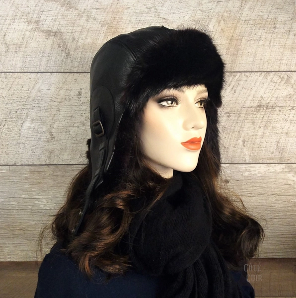Black Fur Aviator Hat, Genuine Leather, Fur Trapper Hat, Black Recycled Mink Fur, For Women, Simon Model, CA67